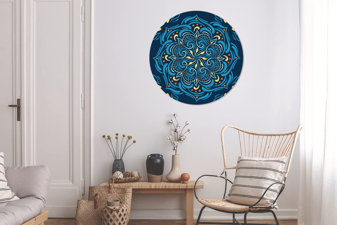 Wandbild Rund Wanddeko Deko Wohnzimmer Bilder 90x90 cm Mandala - Blau - Gelb - Muster 90.00 x 90.00