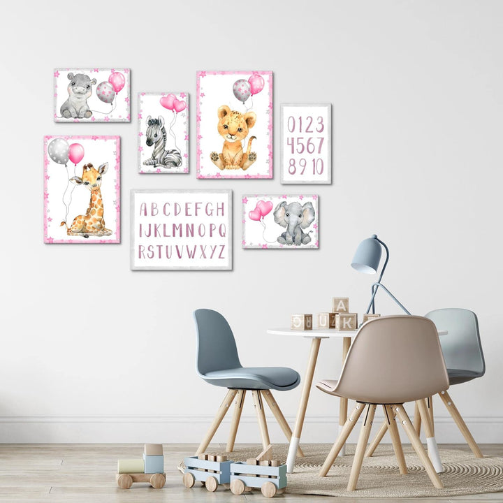 Novart Wandbilder Tiere - KOMPLETT AUFHÄNGFERTIG - Afrika Rosa Kinderzimmer Mädchen- 7 Moderne Mood-