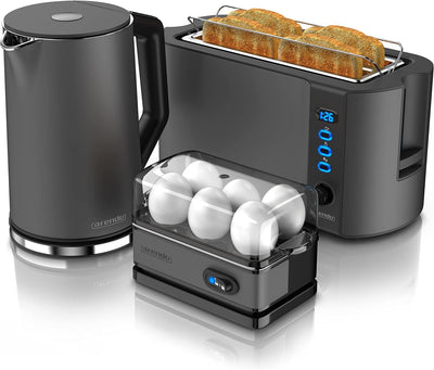 Arendo - Wasserkocher mit Toaster SET und Eierkocher, Edelstahl Cool Grey Wasserkocher 1,5L 40° 100°