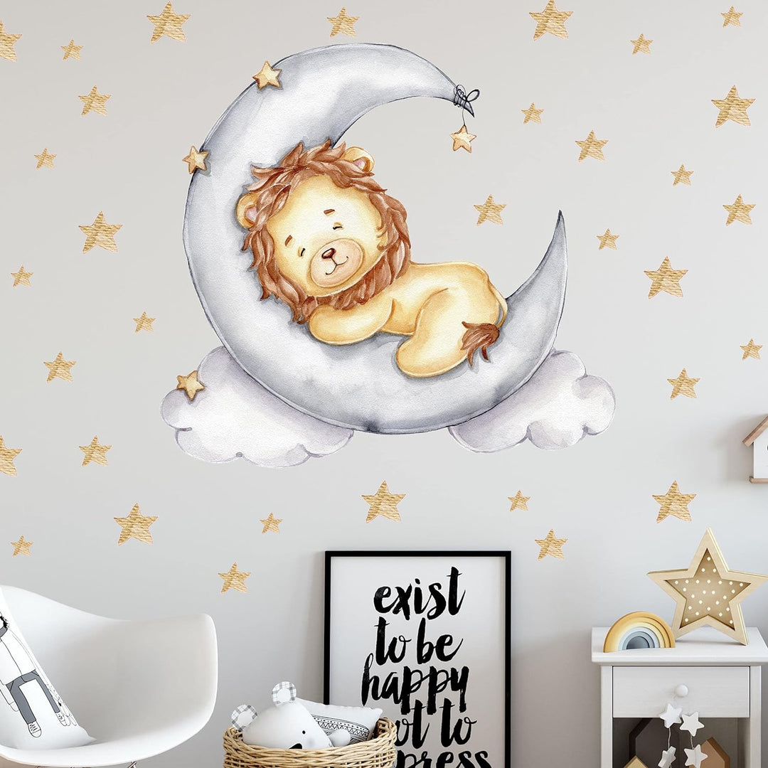 WANDKIND Löwe auf dem Mond V302 | handgezeichnet | AUFKLEBER Kindergarten | Wandsticker Kinderzimmer