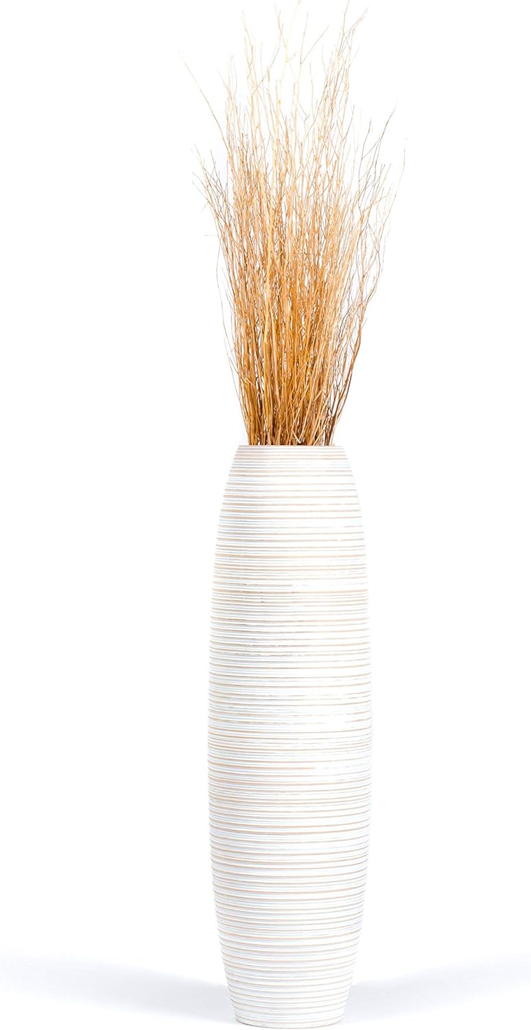 Leewadee Grosse Bodenvase für Dekozweige hohe Standvase Design Holzvase, Holz, 90 cm, White Wash 90