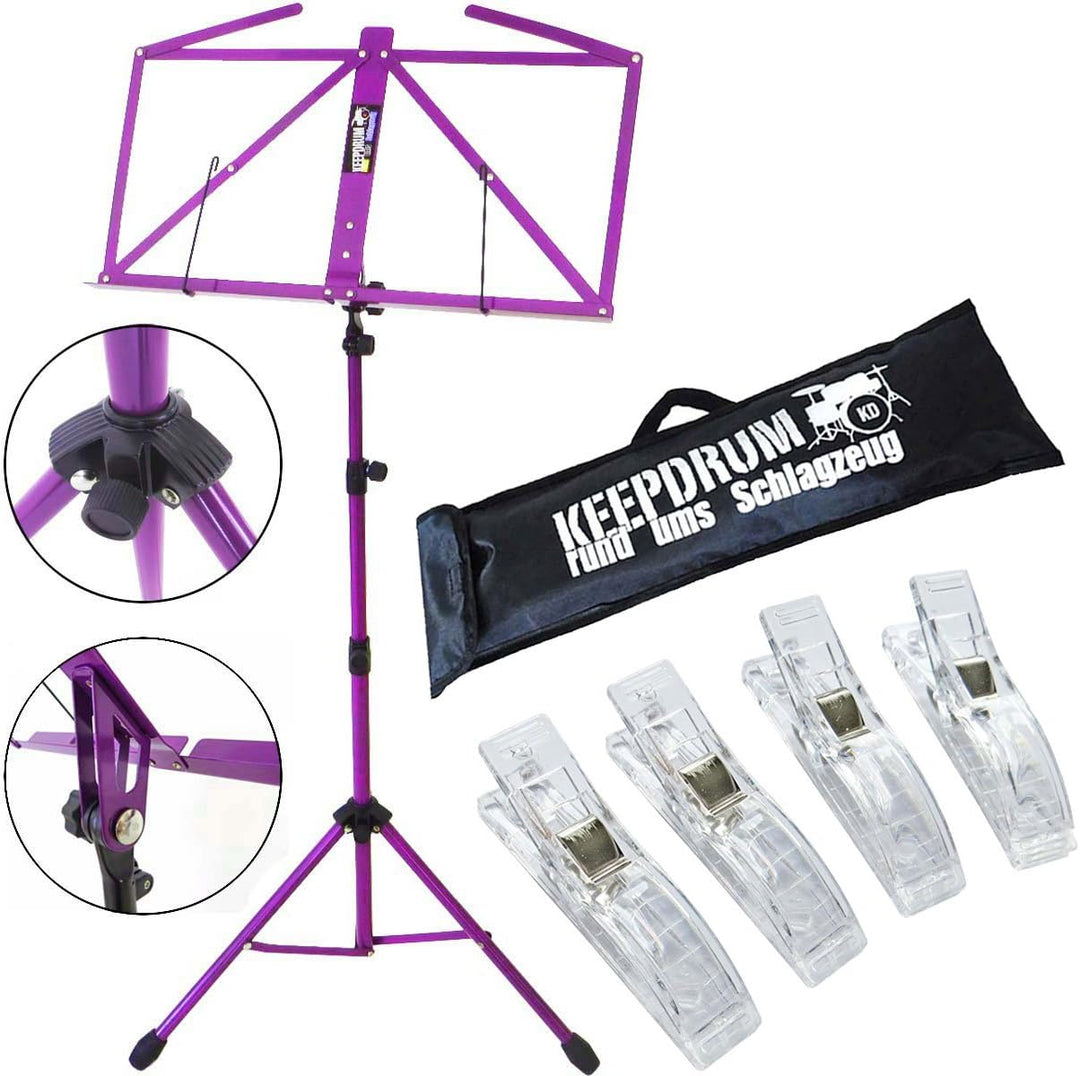 keepdrum MUS3 FL Flieder Notenständer Lila + Tasche + 4 Notenklammern