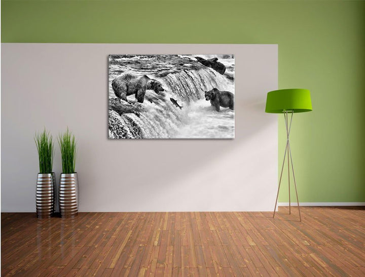 Pixxprint Bären fangen Lachs als Leinwandbild | Grösse: 100x70 | Wandbild| Kunstdruck | fertig bespa
