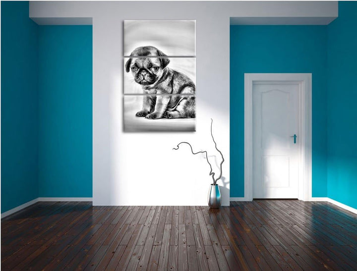 Pixxprint Monocrome, Kleiner Hundewelpe Mops als Leinwandbild 3 teilig/Grösse: 3 Teilig (120x80) / W