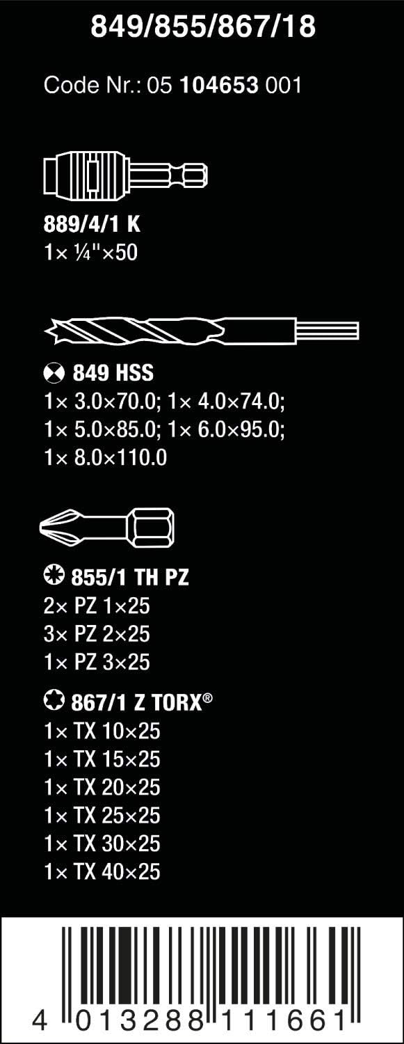 Wera Holzspiralbohrer-Bits und Bit-Satz 849/855/867/18, 18-teilig, 05104653001