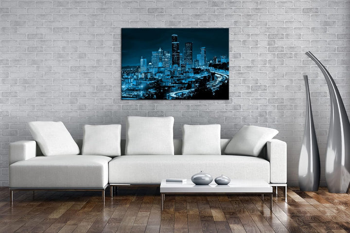 deyoli belebte Skyline von Seattle bei Nacht Format 80x60 Effekt: Monocrome Blau als Leinwandbild, M