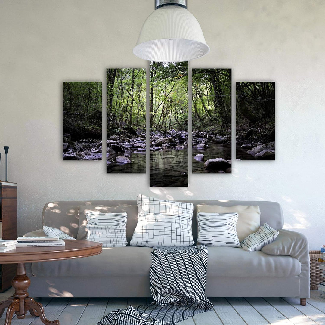 Leinwandbild 5 Teilig Landschaft Bild Wanddeko Fluss Wald Bäume grün 150x100 cm Leinwandbild 150x100