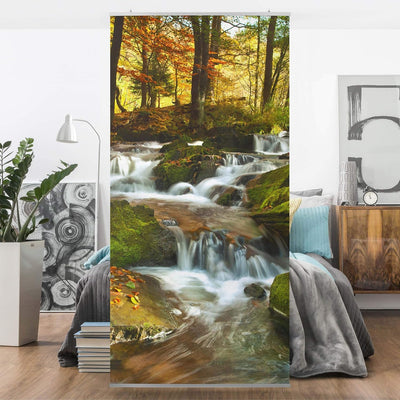 Bilderwelten Raumteiler Wasserfall herbstlicher Wald 250x120cm ohne Halterung 250x120cm without hang