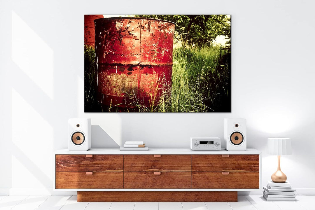 rostiger roter Container in der Natur im Format: 80x60 als Leinwandbild, Motiv fertig gerahmt auf Ec
