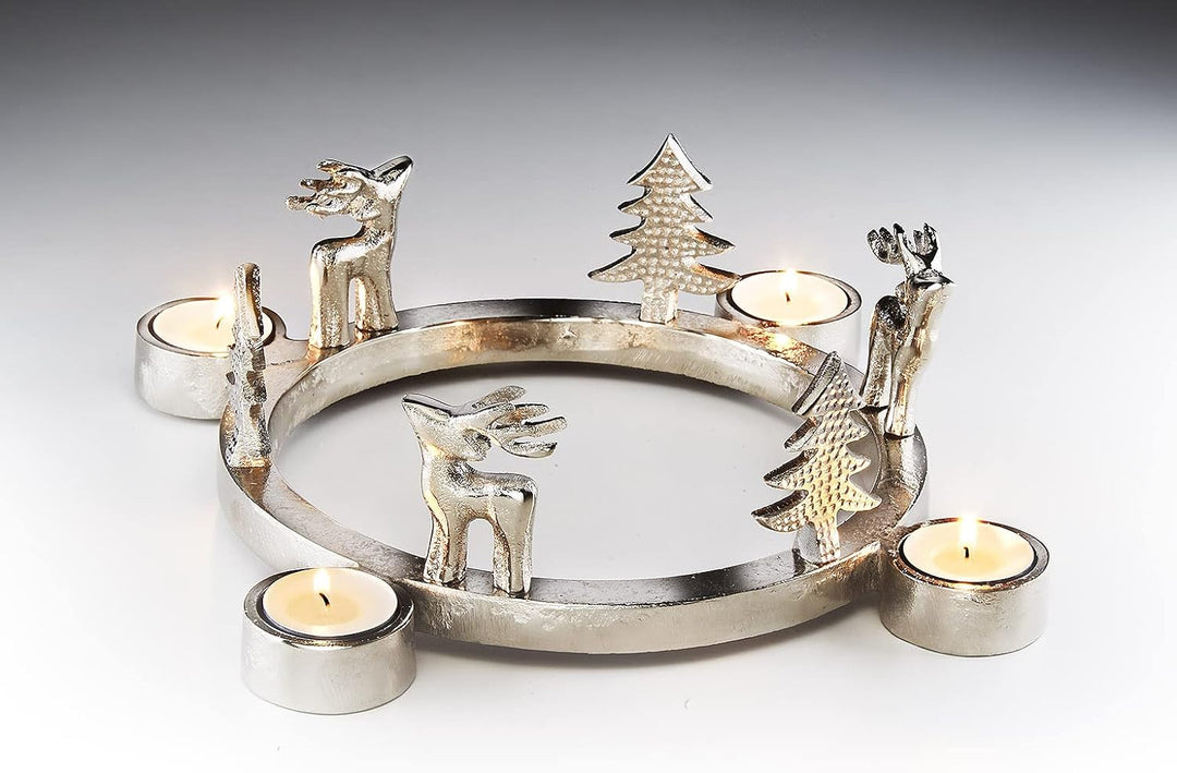 Kobolo Kerzenhalter Teelichthalter -Rentiere+Tannen- Metall - rund - Silber - 32x8 cm Silber 32 x 8