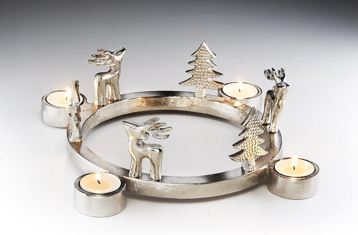 Kobolo Kerzenhalter Teelichthalter -Rentiere+Tannen- Metall - rund - Silber - 32x8 cm Silber 32 x 8