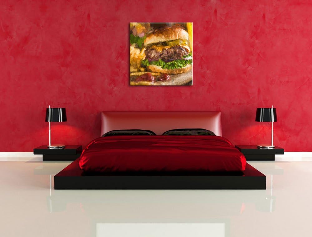Pixxprint Saftiger Chili Cheese Burger als Leinwandbild | Grösse: 70x70 cm | Wandbild | Kunstdruck |