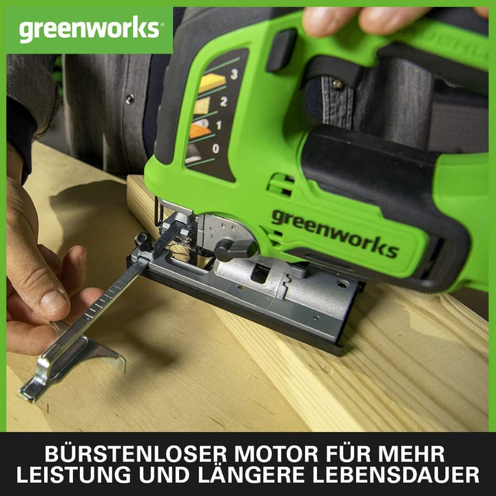 Greenworks GD24JS Akku Stichsäge, 3000spm, verstellbarer Sockel bis 45°, Saugaufsatz OHNE 24V Akku &
