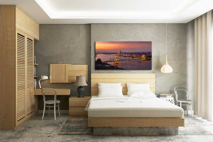 Budapest bei Abenddämmerung Panorama 80x40 cm als Leinwandbild, Motiv fertig gerahmt auf Echtholzrah