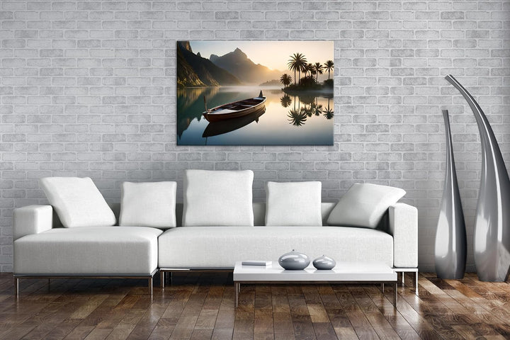 deyoli Palme mit Boot am Strand Format: 80x60 cm als Leinwandbild, Motiv fertig gerahmt auf Echtholz
