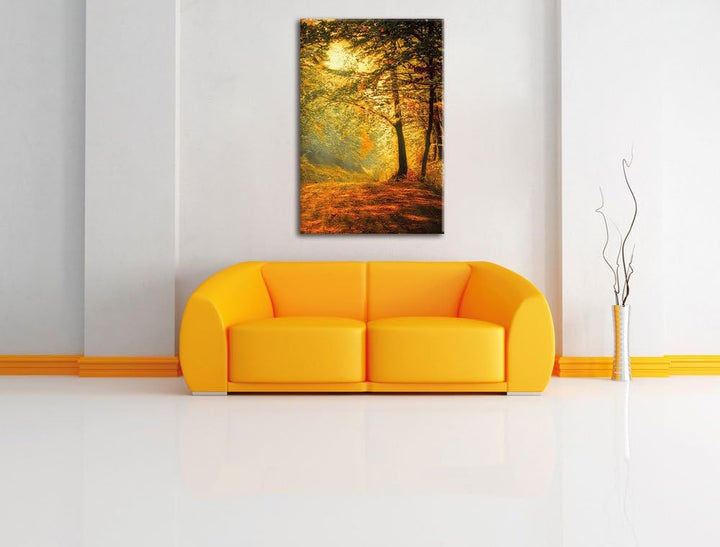 Pixxprint Wald im Herbst, Format: 100x70 auf Leinwand, XXL riesige Bilder fertig gerahmt mit Keilrah