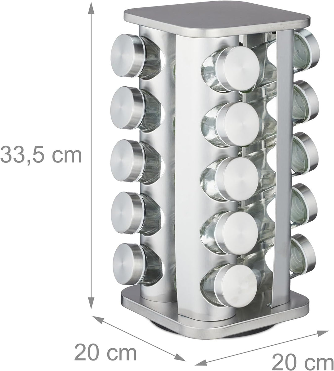 Relaxdays Gewürzkarussell, 20 Gewürzgläser, 40 Etiketten, 360° drehbar, Edelstahl, Glas, HBT: 33,5 x