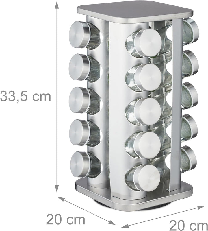 Relaxdays Gewürzkarussell, 20 Gewürzgläser, 40 Etiketten, 360° drehbar, Edelstahl, Glas, HBT: 33,5 x