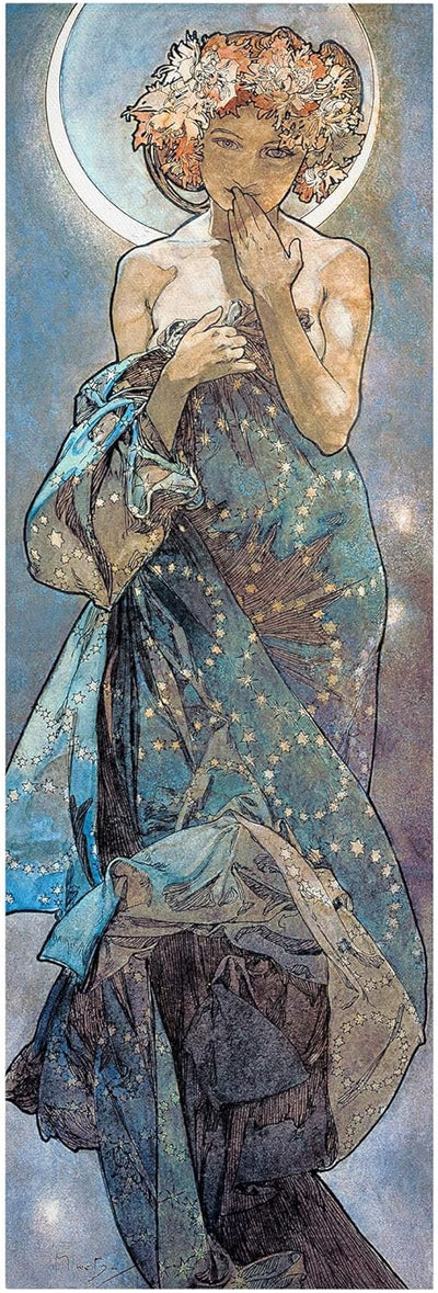 Bilderwelten Leinwandbild - Alfons Mucha - Sterne - Der Mond - Panorama Hochformat 90 x 30 cm 90cm x