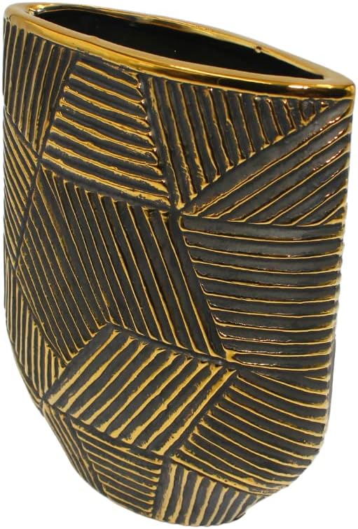 Edle hochwertige schmale Keramik Vase in Gold-schwarz, oval. gestreift, Grösse: H/B/Ø ca. 24 x 19 x