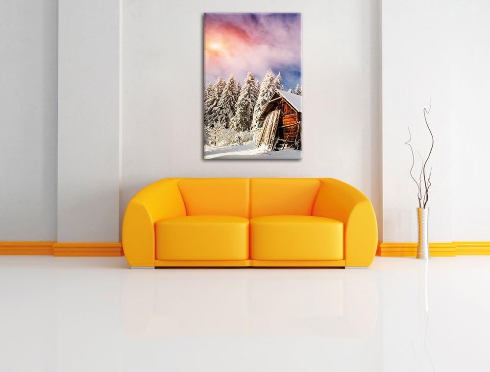 Holzhütte im Schnee, Format: 100x70 auf Leinwand, XXL riesige Bilder fertig gerahmt mit Keilrahmen,