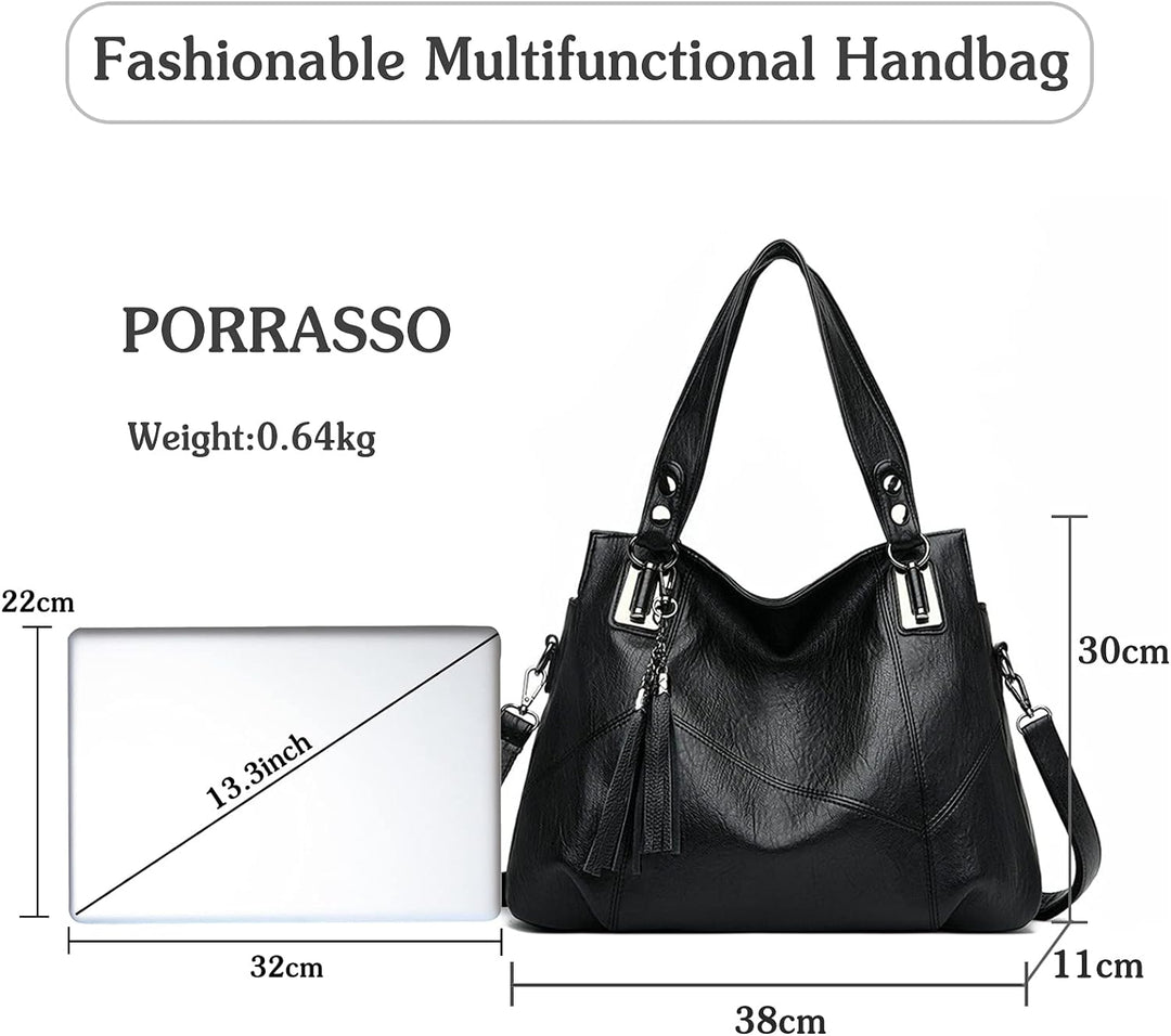 PORRASSO Damen Handtasche Mode Hobo Schultertasche Frauen Umhängetasche Grosse PU Leder Henkeltasche