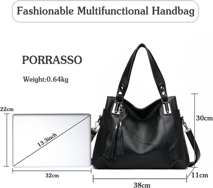 PORRASSO Damen Handtasche Mode Hobo Schultertasche Frauen Umhängetasche Grosse PU Leder Henkeltasche
