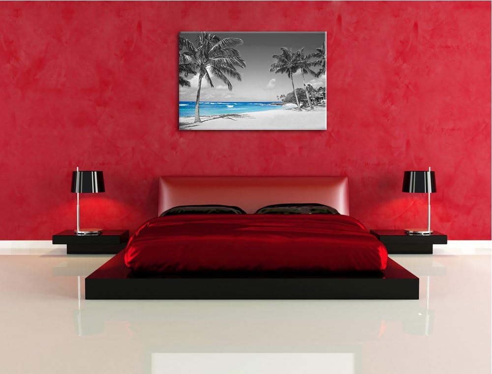 schöner Strand mit Palmen schwarz/weiss Format: 100x70 auf Leinwand, XXL riesige Bilder fertig gerah