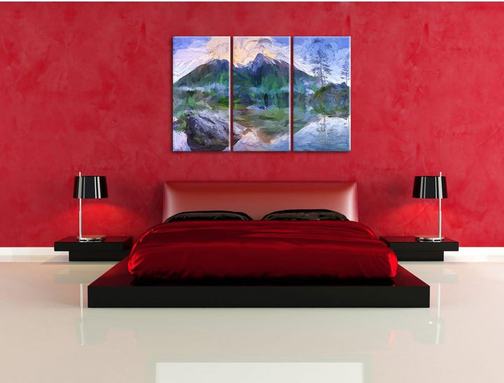 Pixxprint Sonnenaufgang am Hintersee Kunst / 3-Teilig/Gesamtmass 120cm Leinwandbild bespannt auf Hol