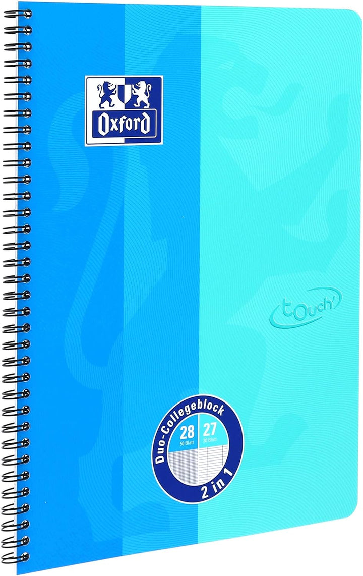Oxford Touch Collegeblock Duo A4 kariert und liniert, 80 Blatt, blau, 10 Stück Single, Single