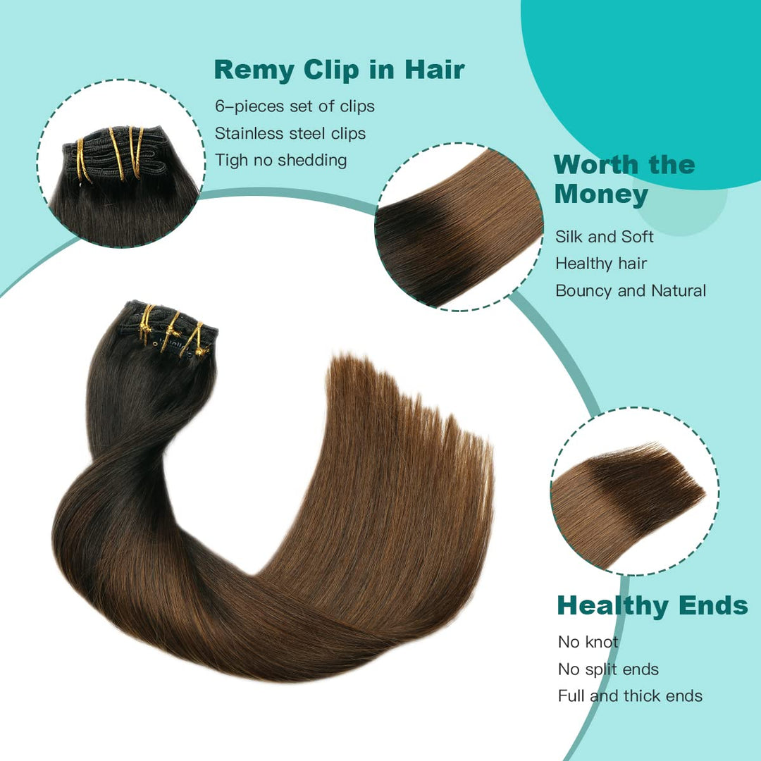 SURNEL clip in extensions echthaar Seide gerade Farbe 1B aus schwarz verblassen zu 4 mittleren braun