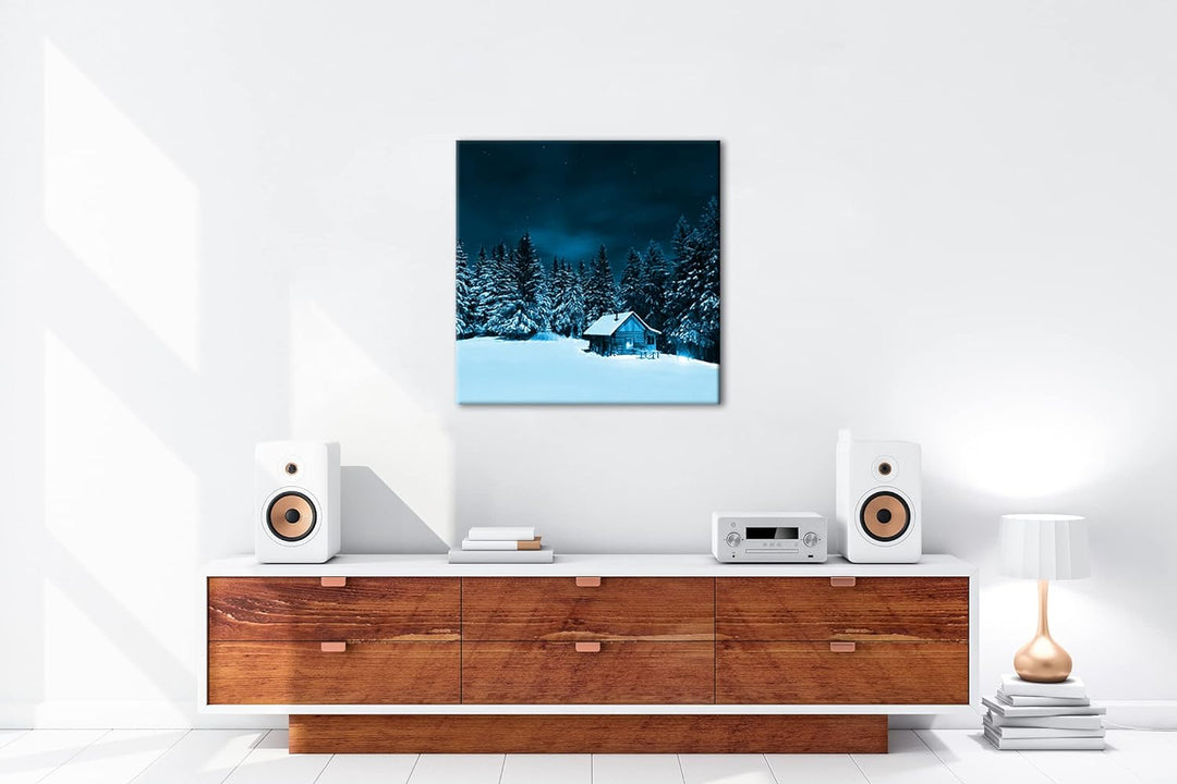 kleine Skihütte auf dem Gipfel Format: 70x70 Effekt: Monocrome Blau als Leinwandbild, Motiv fertig g