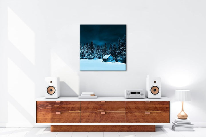 kleine Skihütte auf dem Gipfel Format: 70x70 Effekt: Monocrome Blau als Leinwandbild, Motiv fertig g