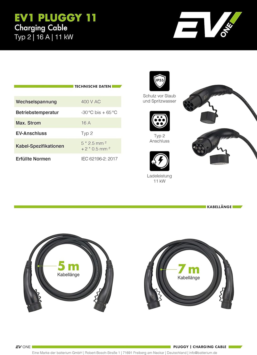 EV1 Typ 2 Ladekabel Elektroauto 11kW 16A 7 Meter 3-phasig Kabel mit IP55 zum Laden für Hybrid & E-Au