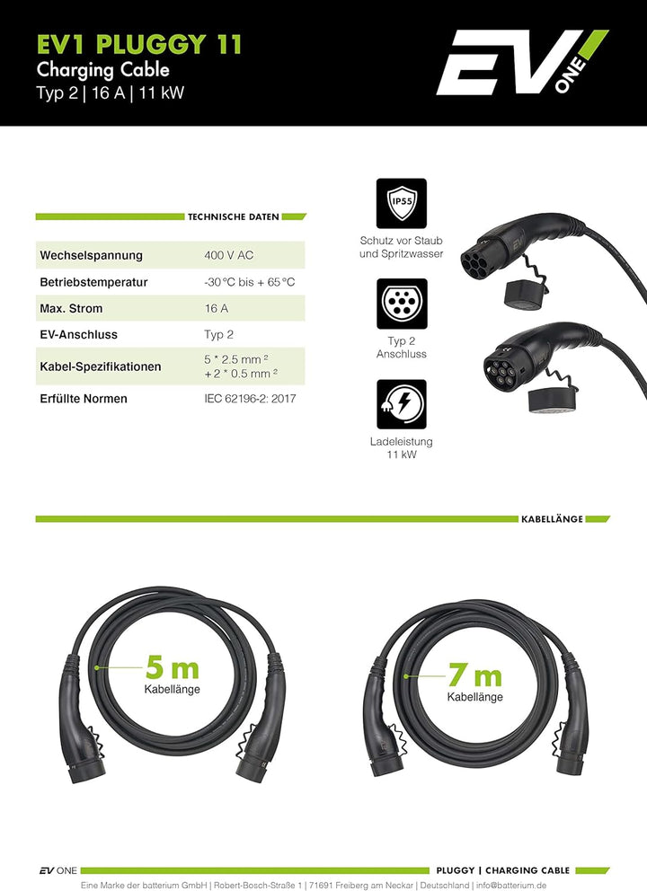 EV1 Typ 2 Ladekabel Elektroauto 11kW 16A 7 Meter 3-phasig Kabel mit IP55 zum Laden für Hybrid & E-Au