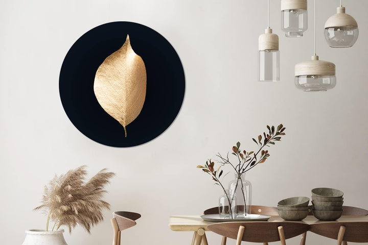 MuchoWow Wandbild Rund Wanddeko Deko Wohnzimmer Bilder 90x90 cm Blätter - Gold - Schwarz - Pflanzen