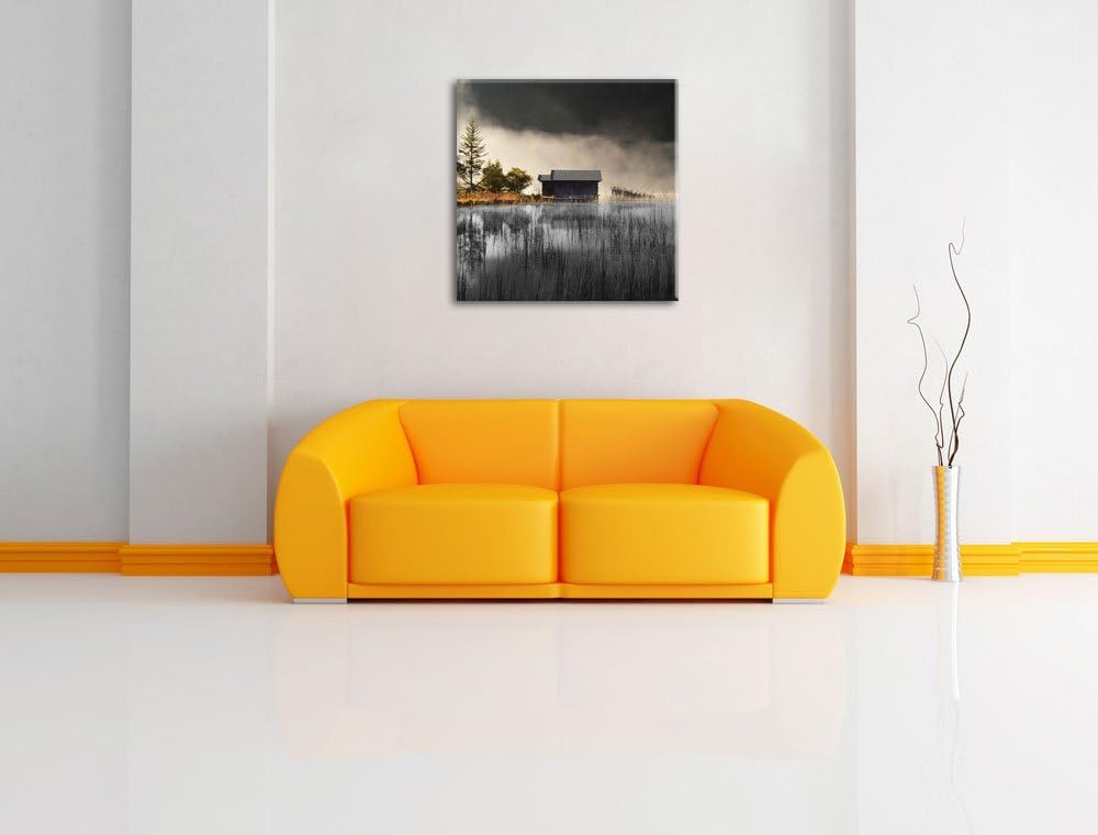 Pixxprint Häuschen am See mit Nebel / 70x70cm Leinwandbild bespannt auf Holzrahmen/Wandbild Kunstdru