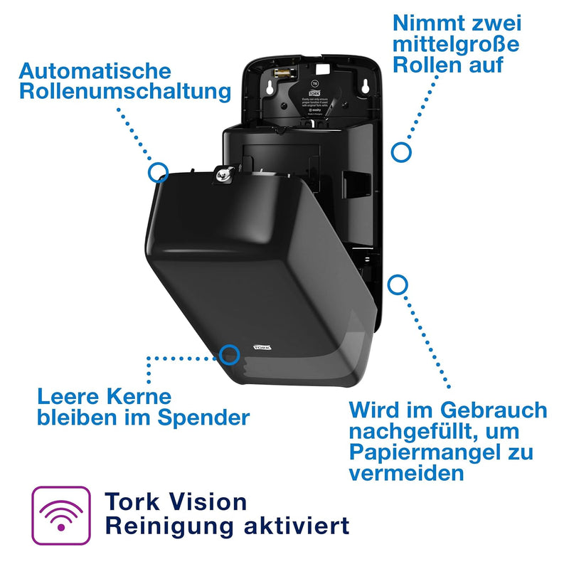 Tork 557508 Doppelrollenspender für Midi Toilettenpapier in Schwarz / Tork T6 Hygienischer Toiletten