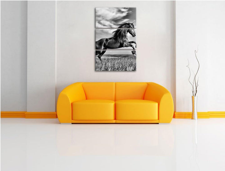 Pixxprint Monocrome, Schwarzer Hengst auf grünen Wiese 3-Teiler Leinwandbild 120x80 Bild auf Leinwan