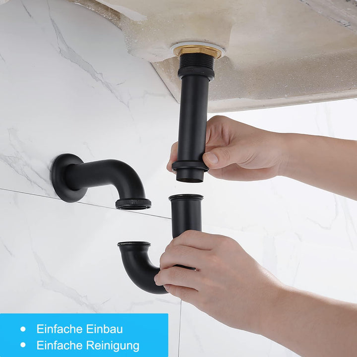 SET - Siphon mit Ablaufgarnitur mit Überlauf für Waschbecken Schwarz Matt - Keymark Universal Röhren