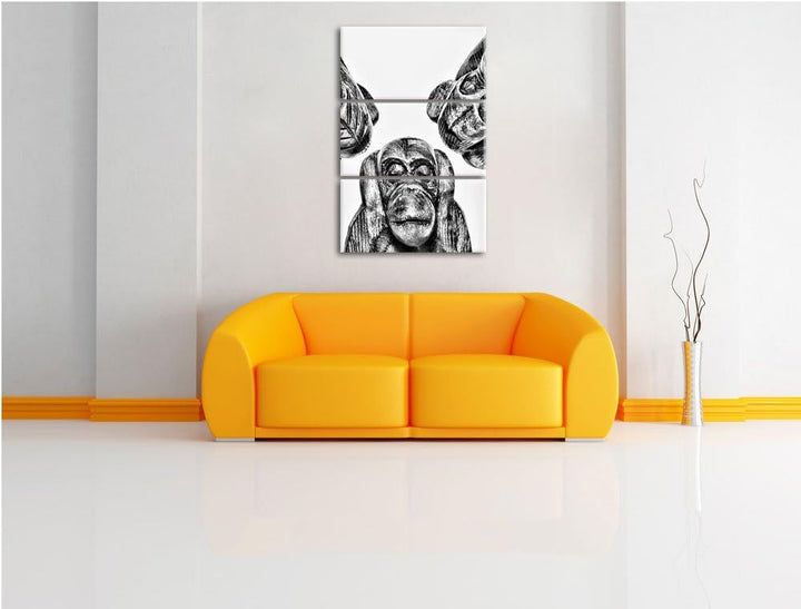 Pixxprint Monocrome, Nichts hören, Nichts sehen, Nichts Sagen, Skelette 3-Teiler Leinwandbild 120x80