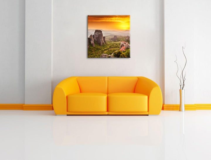 Häuser auf Felsen, Format: 70x70 auf Leinwand, XXL riesige Bilder fertig gerahmt mit Keilrahmen, Kun