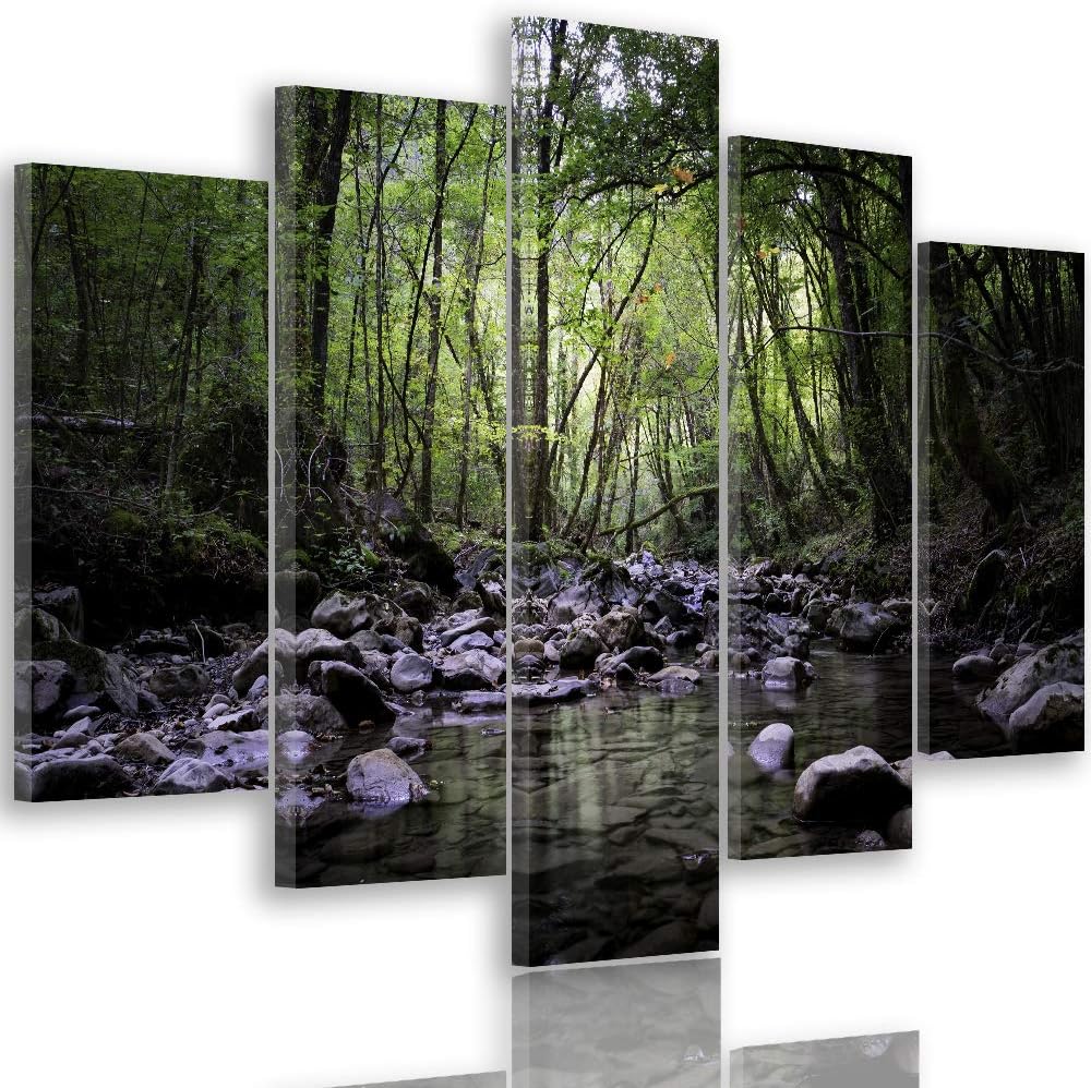 Leinwandbild 5 Teilig Landschaft Bild Wanddeko Fluss Wald Bäume grün 150x100 cm Leinwandbild 150x100