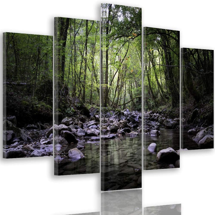 Leinwandbild 5 Teilig Landschaft Bild Wanddeko Fluss Wald Bäume grün 150x100 cm Leinwandbild 150x100