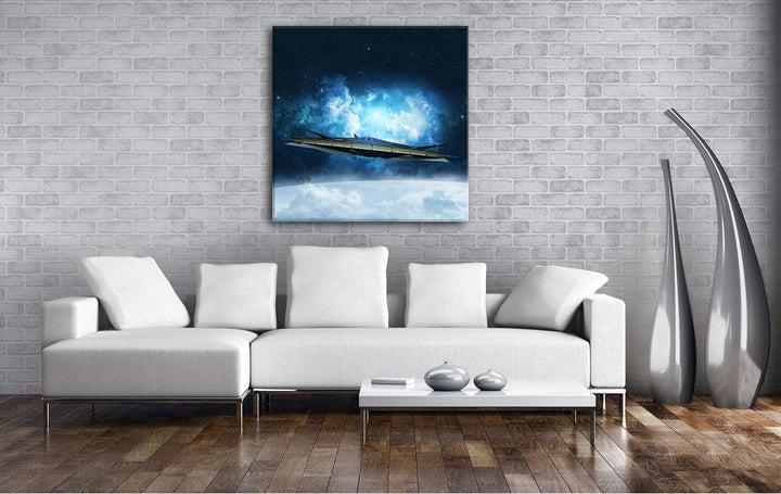 deyoli beeindruckendes Raumschiff im Universum Format: 70x70 als Leinwand, Motiv fertig gerahmt auf