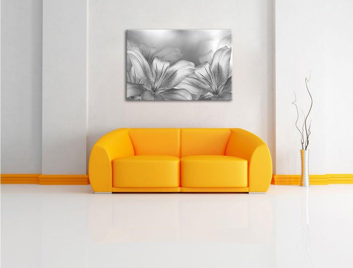 türkise Lilien Kunst B&W, Format: 100x70 auf Leinwand, XXL riesige Bilder fertig gerahmt mit Keilrah