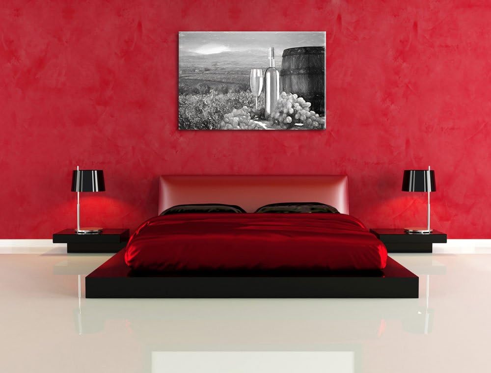 Pixxprint Weinreben mit Weinflasche und Fass als Leinwandbild/Grösse: 100x70 cm/Wandbild/Kunstdruck/
