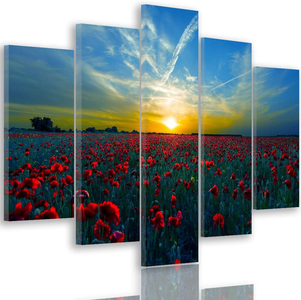 Feeby Bilder Mohnblumen 150x100 cm - Leinwandbild 5 Teilig XXL Kunstdruck Wiese blau Leinwandbild XX