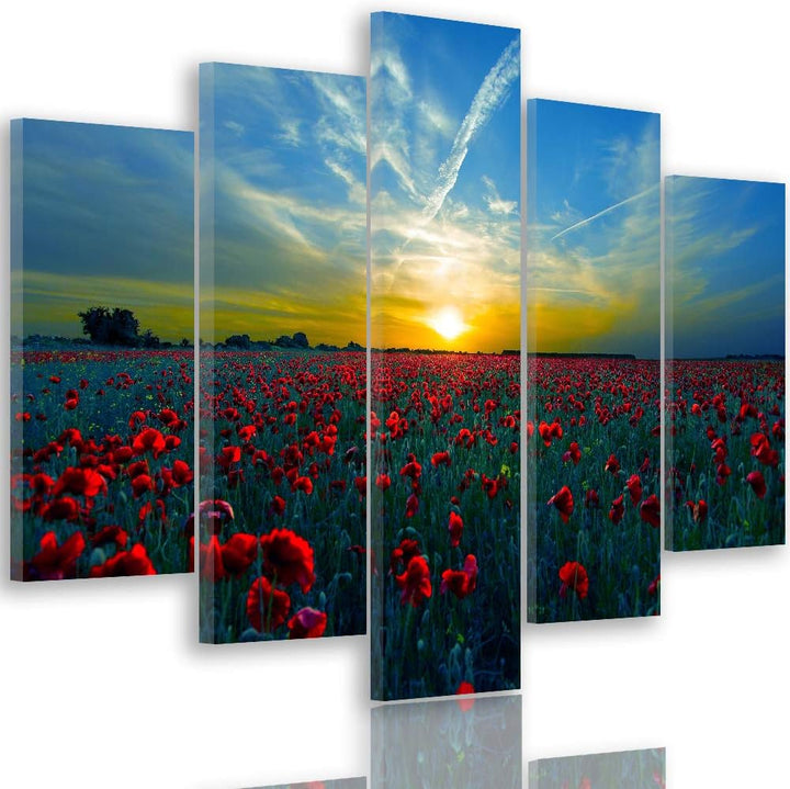 Feeby Bilder Mohnblumen 150x100 cm - Leinwandbild 5 Teilig XXL Kunstdruck Wiese blau Leinwandbild XX
