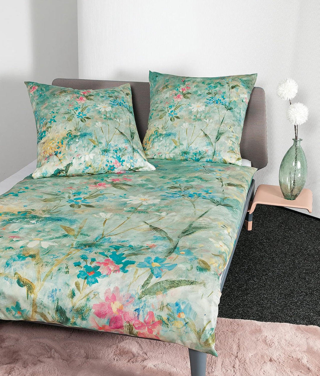 Janine Bettwäsche Mako-Satin Milano 135x200 cm + 80x80 cm smaragdgrün Lagune, 135x200 cm + 80x80 cm